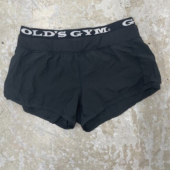Vintage Gold’s Gym Running Shorts Adult Medium Black 3" Logo Training Stretch - Picture 1 of 11